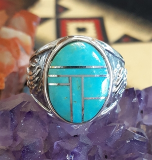 Bague Amérindienne Zuni – Colibri Incrustation Turquoise – Argent 925 – Taille 7,5 US – Faite Main